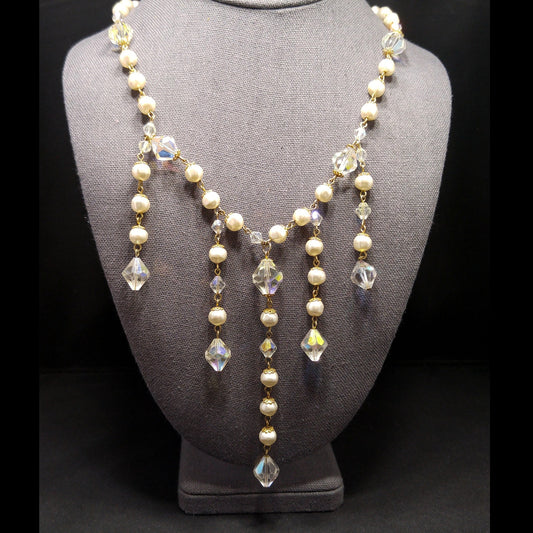 Vintage Crystal Faux Pearl Dangle Necklace, Large Aurora Borealis Crystal Beads, Vintage Jewelry