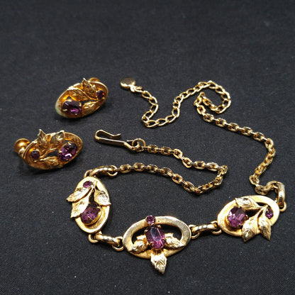 Purple Rhinestone Floral Necklace & Screw Back Earrings, Gold Plated, 1940s Vintage Jewelry