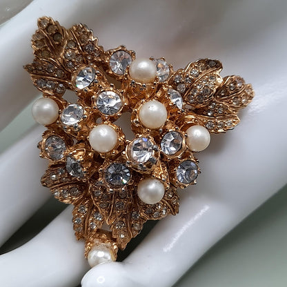 Vintage Hattie Carnegie Brooch, Faux Pearls, Pave Larger Rhinestones, Gold Plated, 1950s