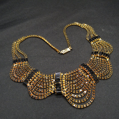Black Rhinestone Festoon Necklace, Gold Plated, 1950s Vintage Jewelry