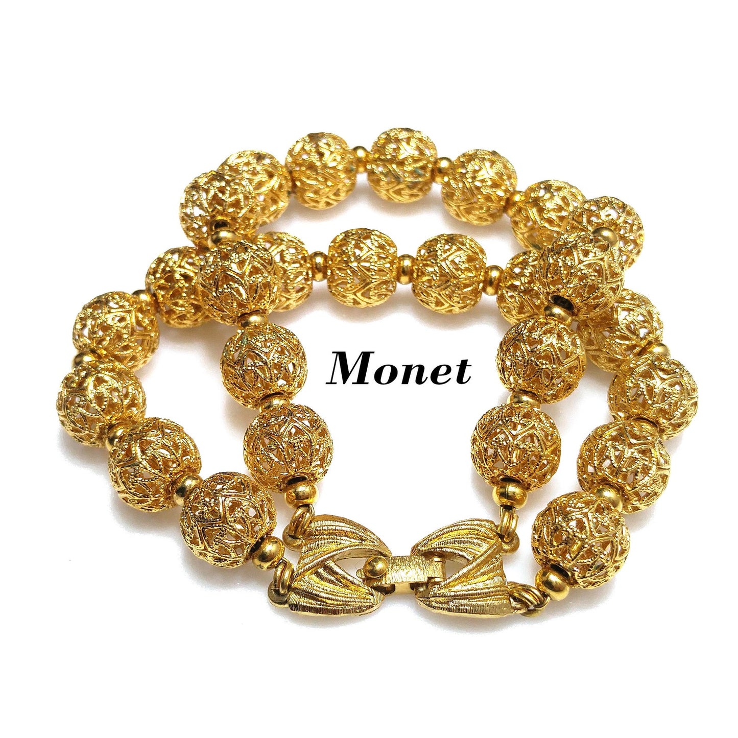 Monet Filigree Beaded Two Strand Bracelet, Gold Plated, Strung on Chain, 1960s Vintage Jewelry