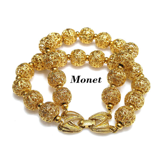 Monet Filigree Beaded Two Strand Bracelet, Gold Plated, Strung on Chain, 1960s Vintage Jewelry