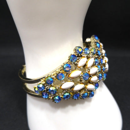 Vintage Blue Aurora Borealis Rhinestone Milk Glass Clamper Bracelet 1960s