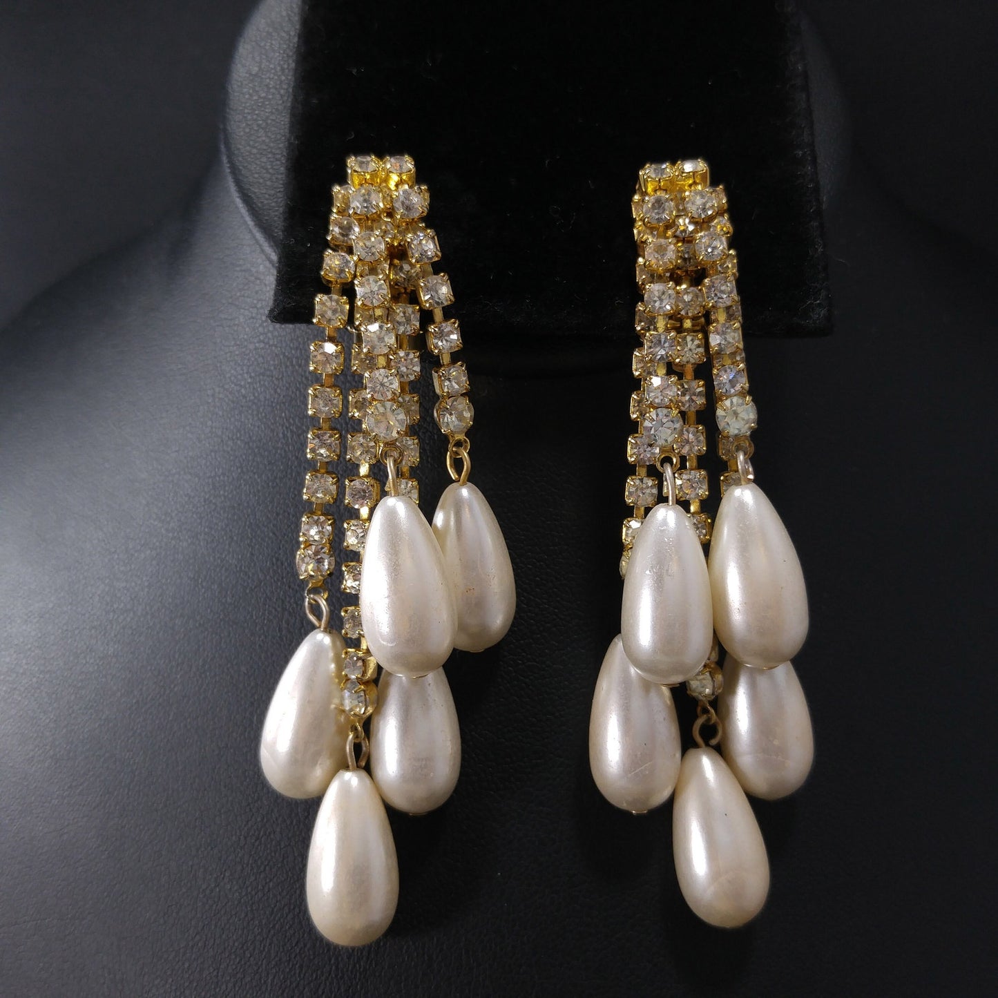 Vintage Rhinestone Gold Plated Brooch & Earrings, Faux Pearls, 1970s