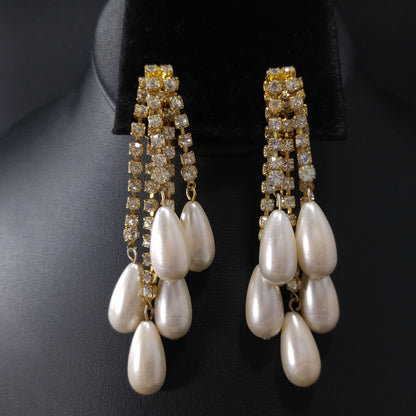 Vintage Rhinestone Gold Plated Brooch & Earrings, Faux Pearls, 1970s