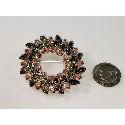 Vintage Sherman Pink Grey Wreath Rhinestone Brooch, Rhodium Plated, 1950s
