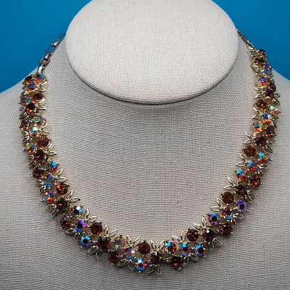 Vintage Topaz Aurora Borealis Choker Necklace, Gold Tone, 1960s, 16"