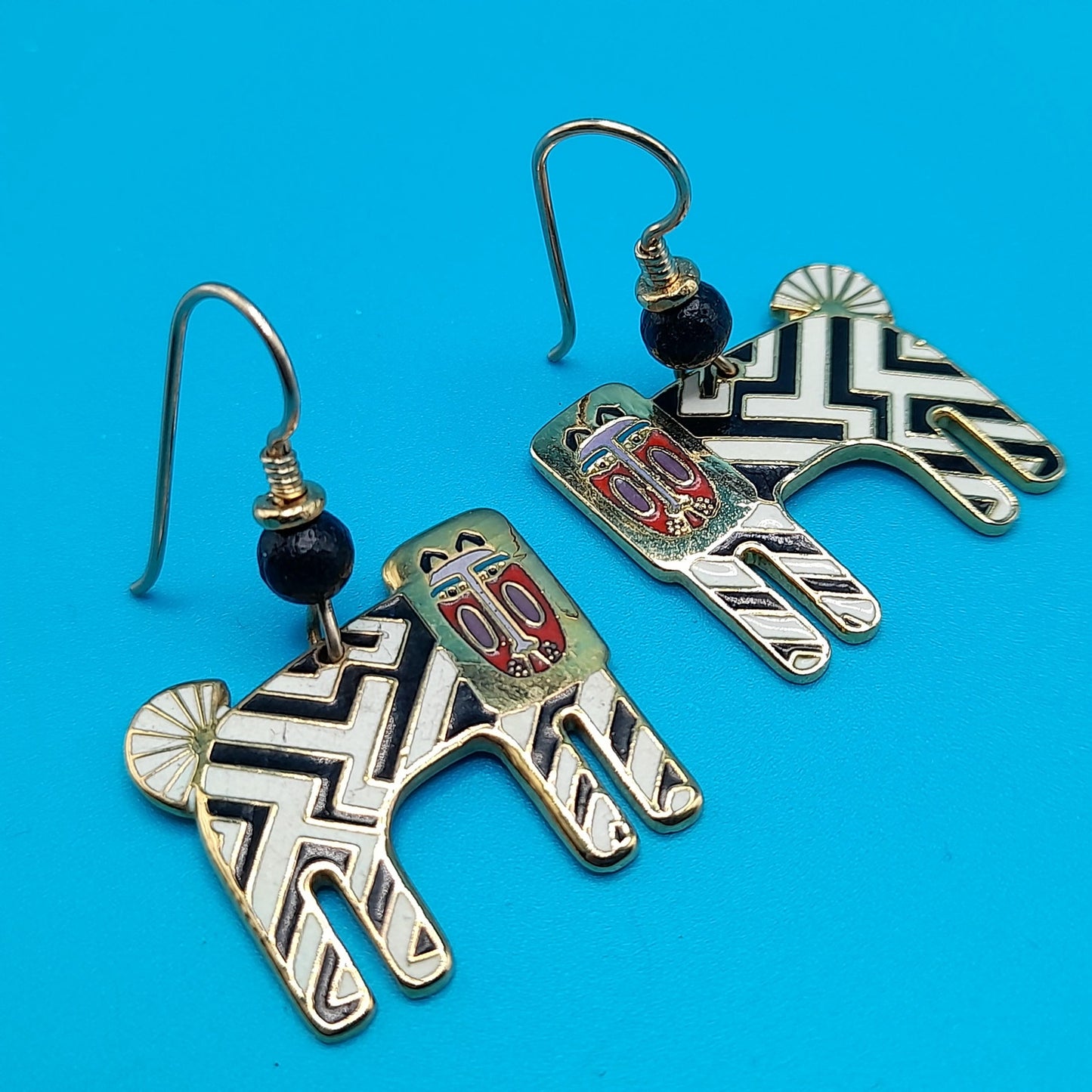 Laurel Burch "Zzzebra" Drop Earrings, Cloisonne Enamel, Gold Plated, 1980s
