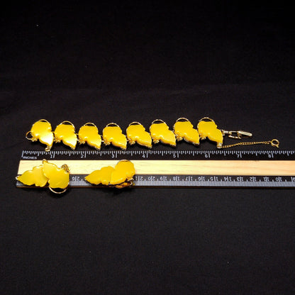 Yellow Thermoset Leaves Bracelet & Earrings, Gold Plated, Ear Climbers, 1960s Vintage Jewelry