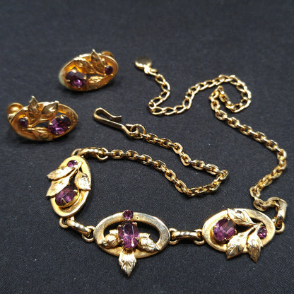 Purple Rhinestone Floral Necklace & Screw Back Earrings, Gold Plated, 1940s Vintage Jewelry