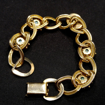 Vintage 1950s Gold Tone Bracelet Blue Art Glass Cabochons Mid Century