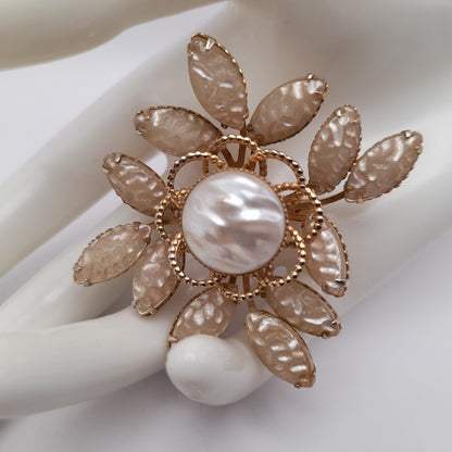 Vintage 1950s Molded Cream Leaves Faux Pearl Flower Brooch