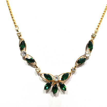 Van Dell Green Clear Rhinestone Necklace Earrings Set, 12K Gold Filled, 1940s Vintage Jewelry