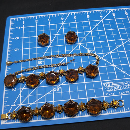 Vintage Topaz Glass Necklace Bracelet Earrings Set, Filigree Golden Brass, 1950s Vintage Jewelry