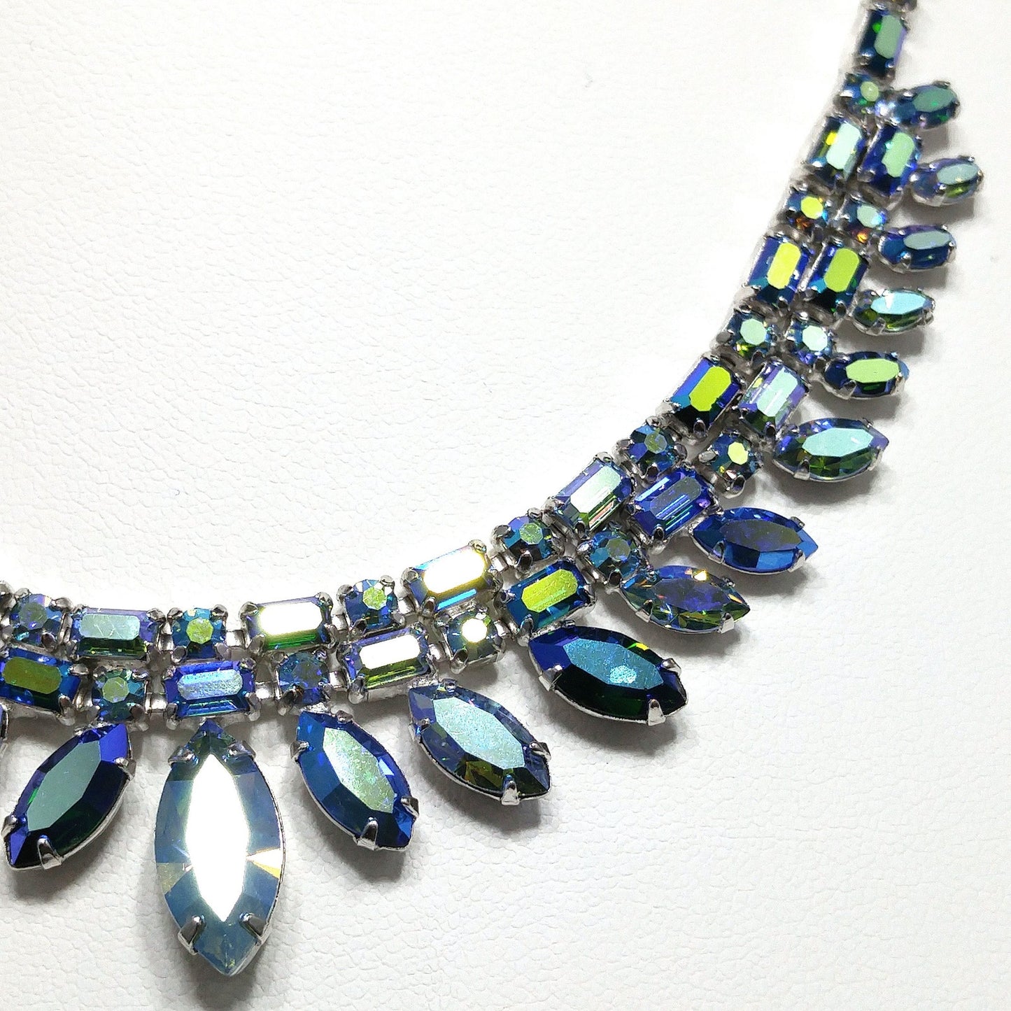 Sherman 1950s–60s Blue Aurora Borealis Rhinestone Necklace | Rhodium Plated Mid-Century Statement Collar