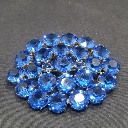 Art Deco Czech Blue Brooch, Open Back Glass Rhinestones, 1940s Vintage Jewelry