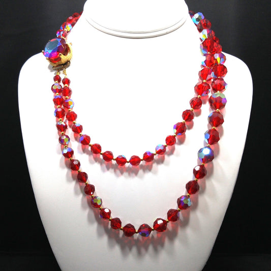 Vintage 1950s Red Aurora Borealis Crystal Beaded Necklace – Two Strand with Oversized Rhinestone Clasp