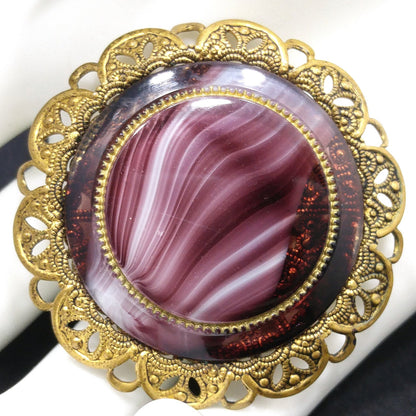 Western Germany Purple Art Glass Brooch, Filigree Frame, 1950s Vintage Jewelry