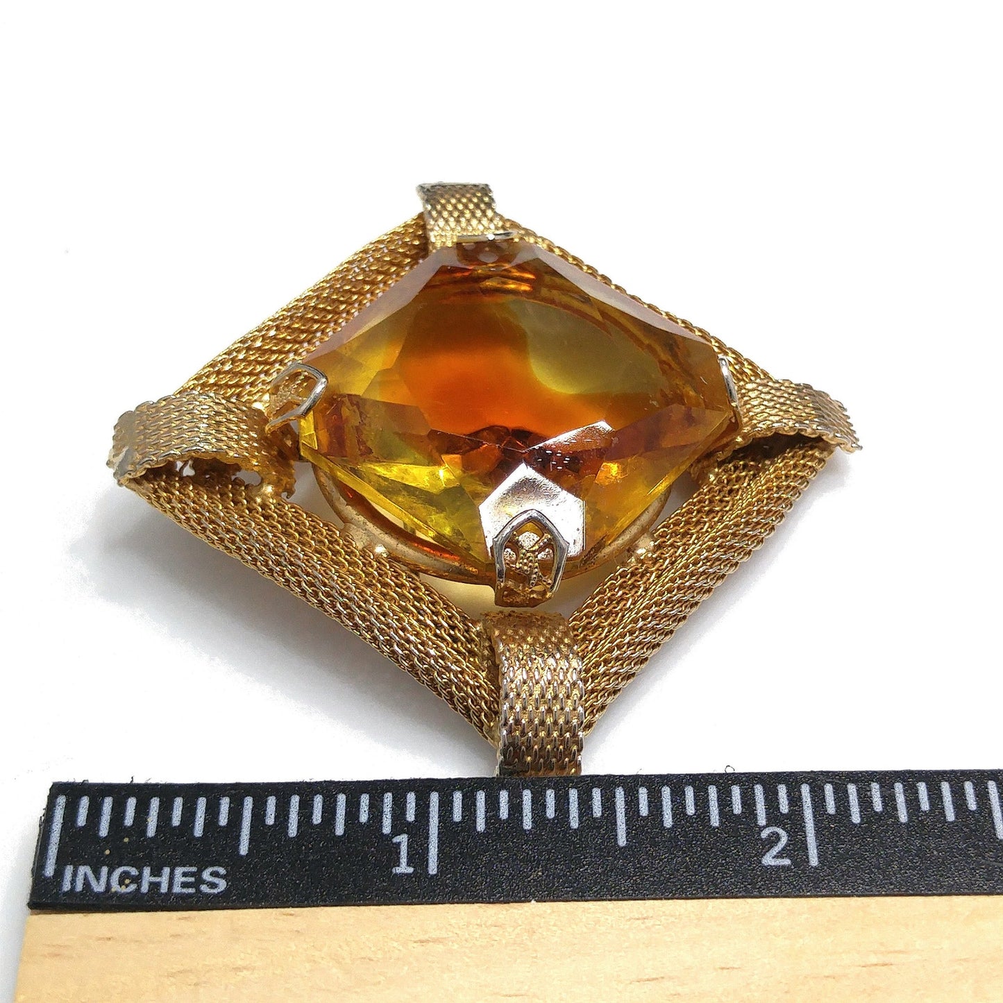 Light Topaz Glass Large Stone Brooch, Gold Plated Mesh Frame, 1960s Vintage Jewelry
