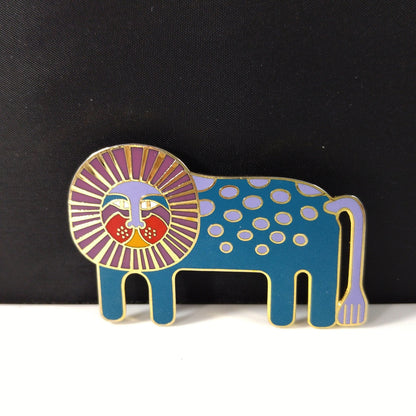 Laurel Burch "Leonardo" Brooch, Blue Enamel Gold Plated Lion, 1980s Vintage