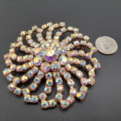 Mid-Century Aurora Borealis Rhinestone Brooch, Gold Plated, 1960s Vintage Jewelry