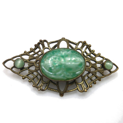 Czech Marbled Glass Scarab Brooch, Egyptian Revival, 1930s Vintage Jewelry