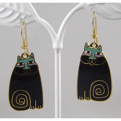 Laurel Burch "Olivia" Cat Earrings, Gold Plated, Black Enamel, 1980s Vintage