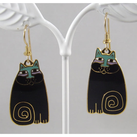 Laurel Burch "Olivia" Cat Earrings, Gold Plated, Black Enamel, 1980s Vintage