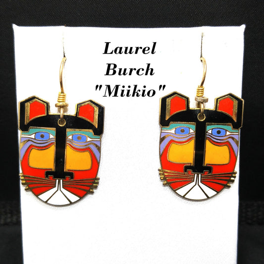 Laurel Burch "Miikio" Earrings, Gold Plated Enamel Large Cat Faces, 1980s Vintage Jewelry