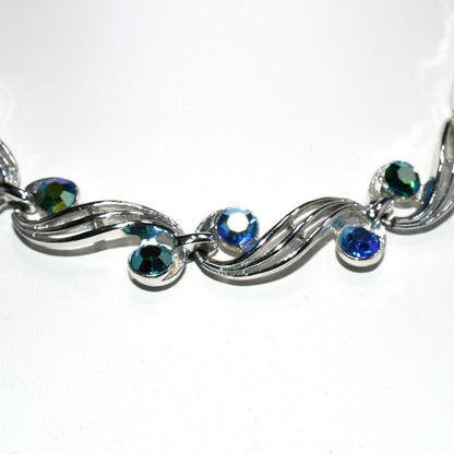 Blue Aurora Borealis Rhinestone Choker Necklace Earrings, Rhodium Plated, 1950s Vintage Jewelry