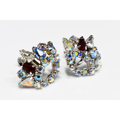 Rhinestone Crown Screw Back Earrings, Unsigned B. David, 1950s Vintage Jewelry