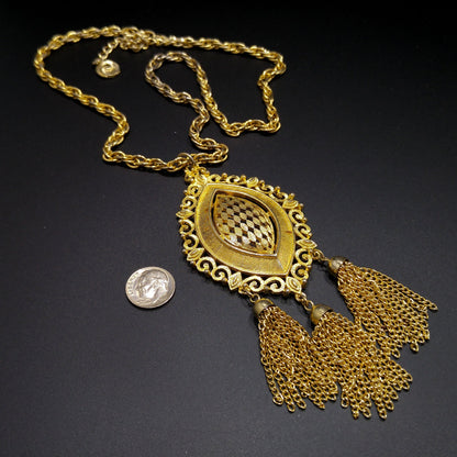 Lisner Long Pendant Necklace, Three Tassel Pendant, 1960s Vintage Jewelry