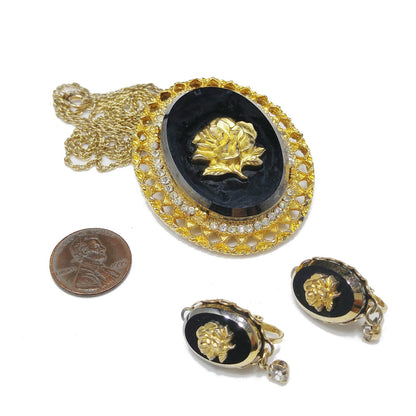 Celebrity Gold Rose Black Glass Brooch & Pendant, Matching Clip Earrings, 1970s Vintage Jewelry