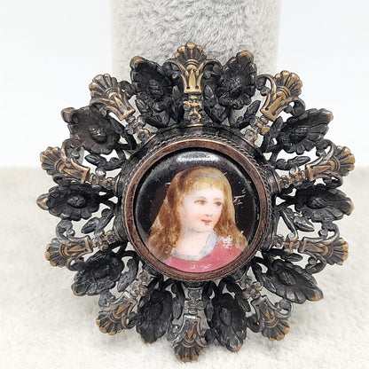 Antique Edwardian Portrait Brooch, C Clasp, Brass Filigree, Early 1900s