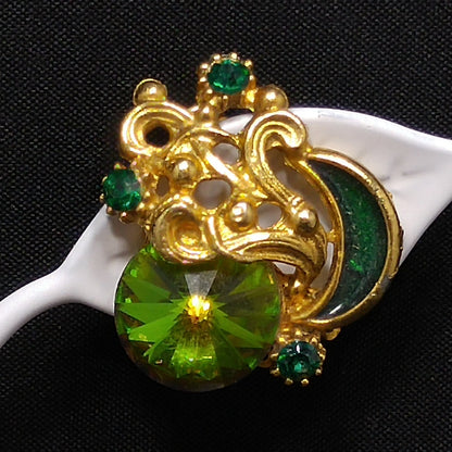 Watermelon Rivoli Rhinestone Brooch & Earrings, Gold Plated, 1960s Vintage Jewelry