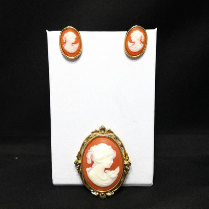 Whiting & Davis Cameo Brooch Post Earrings Set, Lucite Jewelry, 1970s Vintage