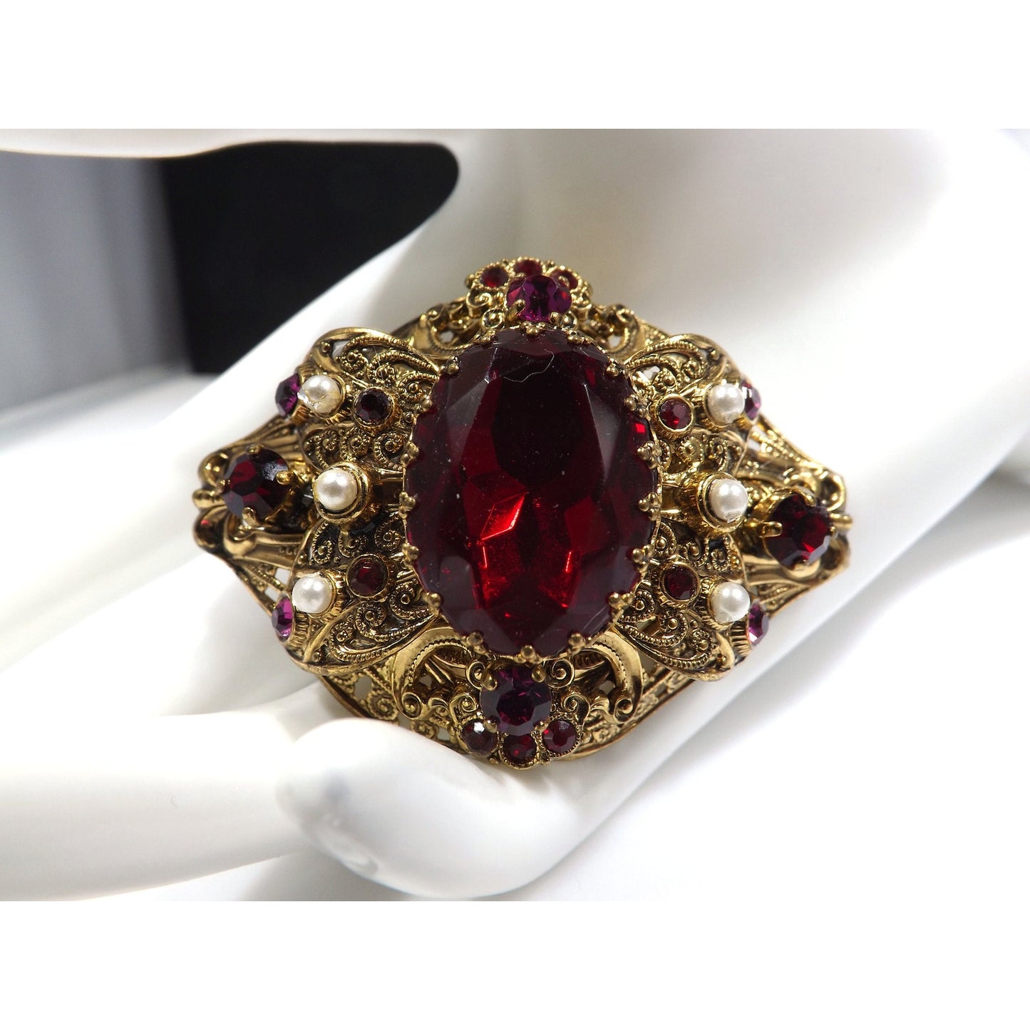 Made Germany Large Red Rhinestone Filigree Brooch, Faux Pearls, 1940s Vintage Jewelry