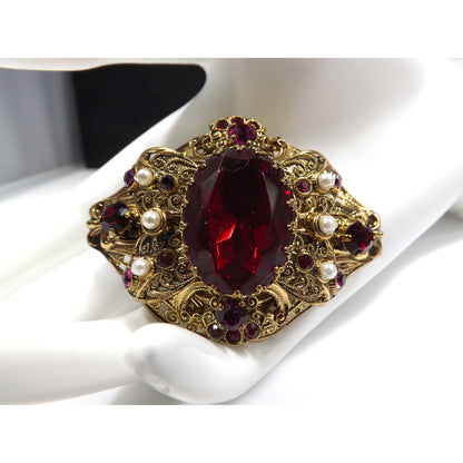 Made Germany Large Red Rhinestone Filigree Brooch, Faux Pearls, 1940s Vintage Jewelry