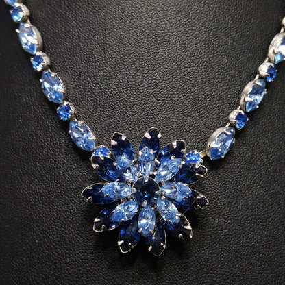 Kramer of New York Blue Rhinestone Floral Pendant Choker Necklace, 1950s Vintage Jewelry