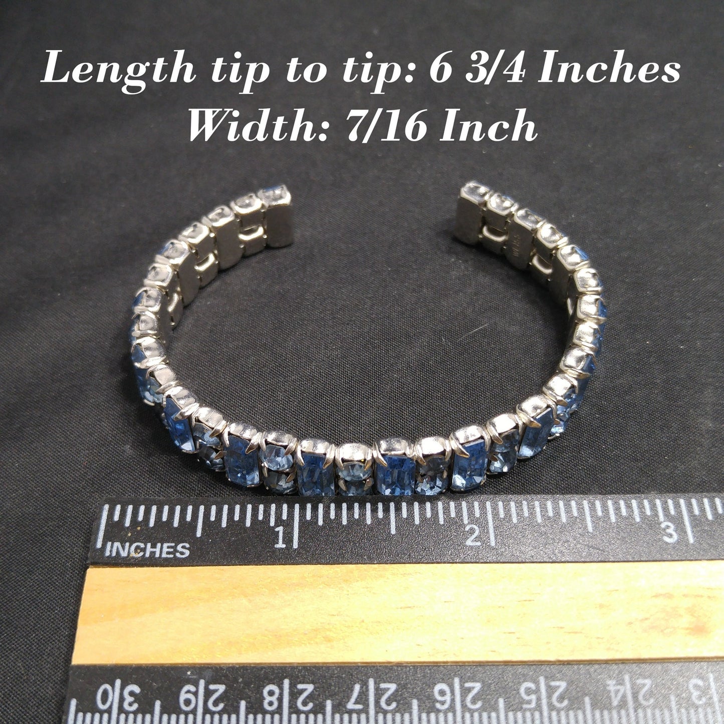 Weiss Baby Blue Rhinestone Cuff Bracelet – 1960s Baguette & Chaton Cut Rhodium Plated