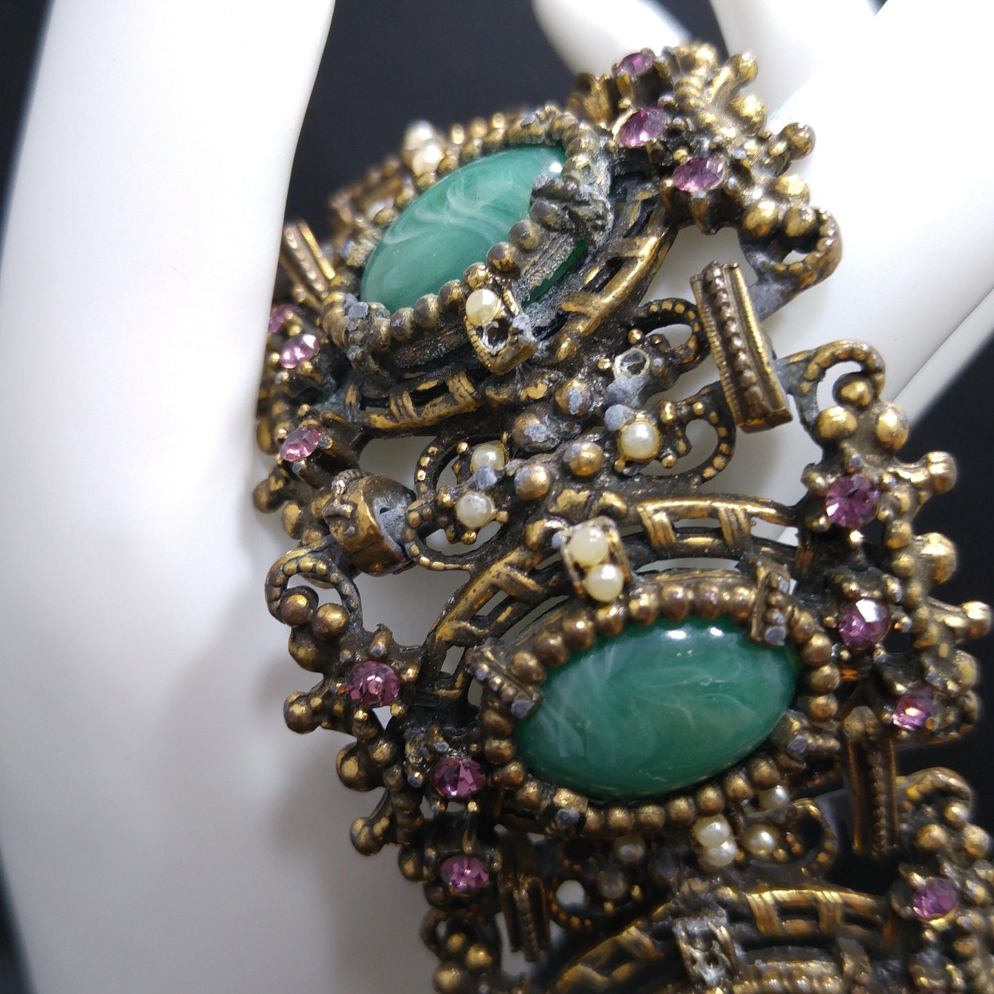 Victorian Style Faux Jade Wide Bracelet, Unsigned Joseff of Hollywood, 1940s Vintage Jewelry