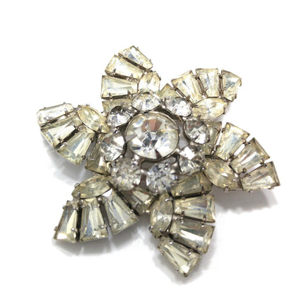 Mid Century Pinwheel Brooch, Clear Rhinestones, Rhodium Plated, 1950s Vintage Jewelry