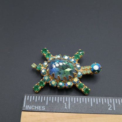 Vintage Turtle Brooch, Green Blue Aurora Borealis Rhinestones, Gold Plated, 1960s Vintage Jewelry