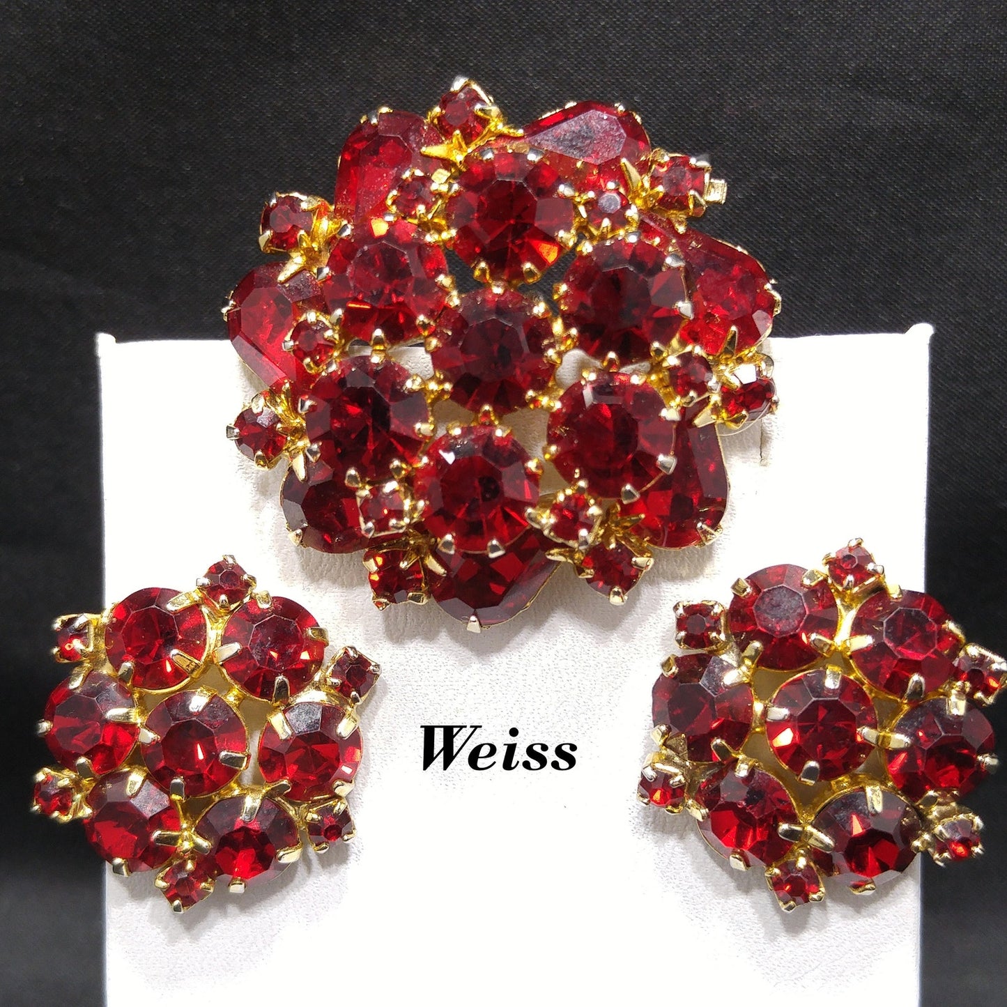 Vintage Weiss Red Rhinestone Brooch & Earrings, Gold Plated, 1950s