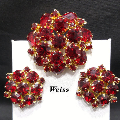Weiss Red Rhinestone Brooch & Screw-Back Earrings Set — 1950s