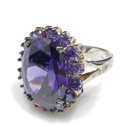 Vintage Sterling Silver Purple CZ Oval Cocktail Ring Size 9 1990s Statement