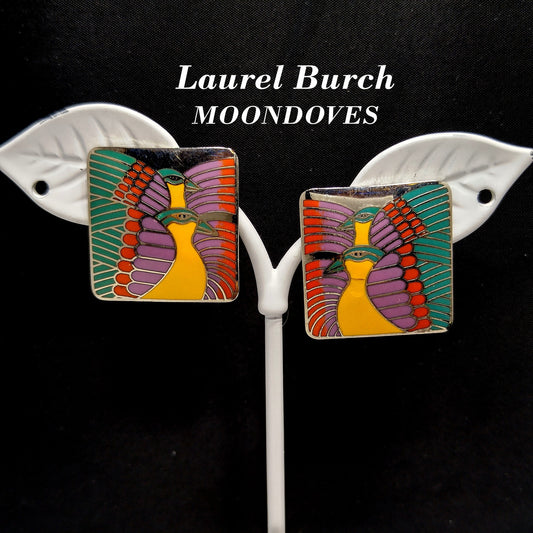 Vintage Laurel Burch "Moondoves" Post Earrings, Rhodium Plated, 1980s