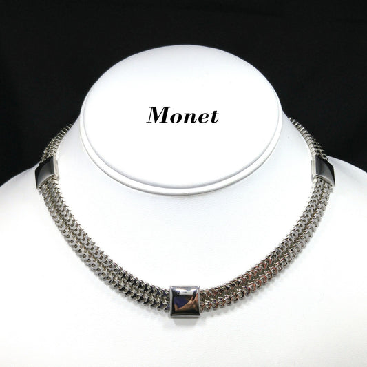 Monet Silver Wide Box Chain Necklace, Gold Plated, 1960s Vintage Jewelry