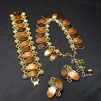 Pakula Topaz Lucite Moonglow Necklace Bracelet Earrings Set, 1950s Vintage Jewelry