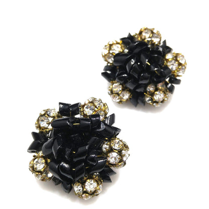 Carnegie Rhinestone Earrings, Black Glass Beads, 1950s Vintage Jewelry